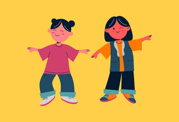 Illustration of two little girls dancing. Illustration of dancing movements