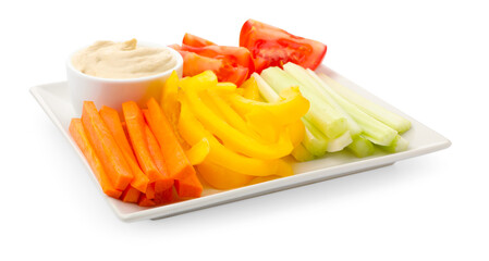 Different fresh vegetables and sauce isolated on white