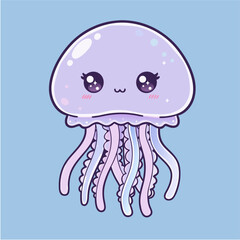 Adorable Kawaii Purple Jellyfish Illustration with Big Cute Eyes for Ocean-Themed Designs