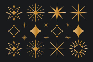 Gold starburst and diamond shapes on black background sparkle glitter