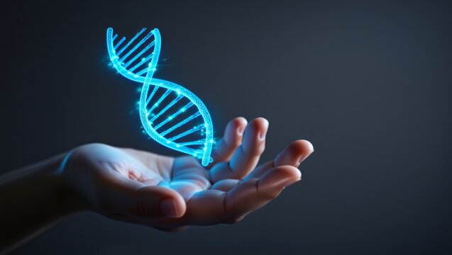 Glowing dna helix held in human hand