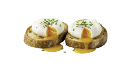 Poached Eggs on Toast with Yellow Yolk and Green Herbs Transparent