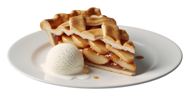 A delectable slice of classic homemade apple pie with a flaky lattice crust and a scoop of vanilla ice cream, isolated on a clean transparent background