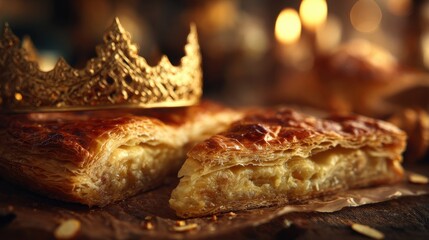 Freshly Baked Galette des Rois with Golden Crown Displayed in a Pastry Shop Window for Epiphany Celebration