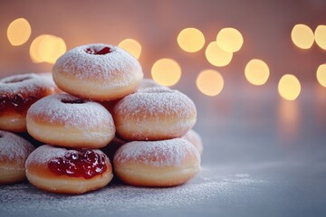 traditional Hanukkah sufganiyot covered in powdered sugar and filled with fruit jelly beside menorah and festive ornaments on blue background