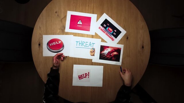 Hands arranging warning signs with help and threat symbols on a wooden table, representing a digital danger or online security alert.