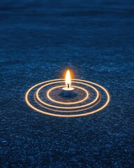 Glowing Candle on Dark Textured Surface with Circular Light Rings Creates an Atmospheric Visual for Reflection and Remembrance
