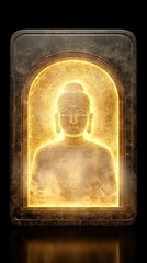 Glowing Golden Buddha Figure in Archway Against Dark Background Represents Spirituality Enlightenment and Meditation