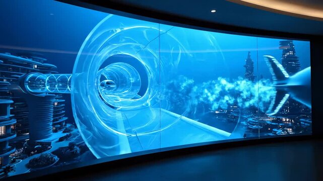Innovative high-speed vehicle transporting through a transparent tube connecting futuristic buildings in an advanced underwater city, showcasing future technology and environmental adaptation