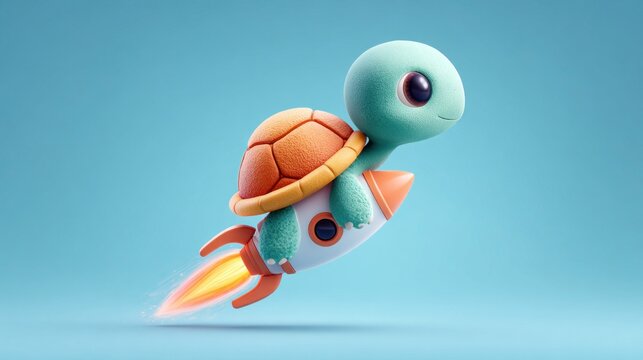 Cute cartoon turtle riding a rocket ship through a bright blue sky