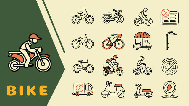 Bike Motorcycle Scooter Riding Transportation Delivery Icons Set with vector illustration