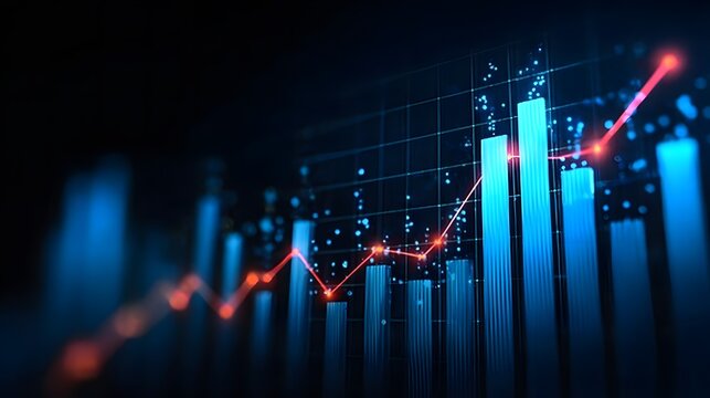 Digital Financial Growth Chart with Rising Red Line and Blue Data Bars – Market Analytics