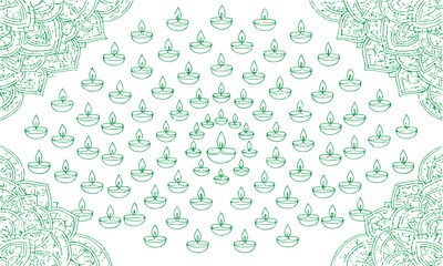 Intricate Green Diya Pattern Background with Mandala Corners - Happy Diwali Festival of Lights Vector Illustration