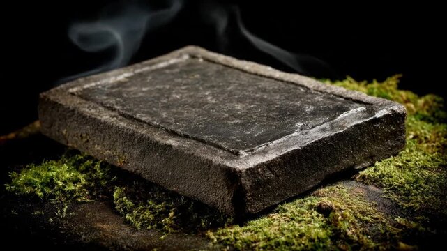 A dark rectangular object with rough texture is atop green moss, smoke drifting in the background