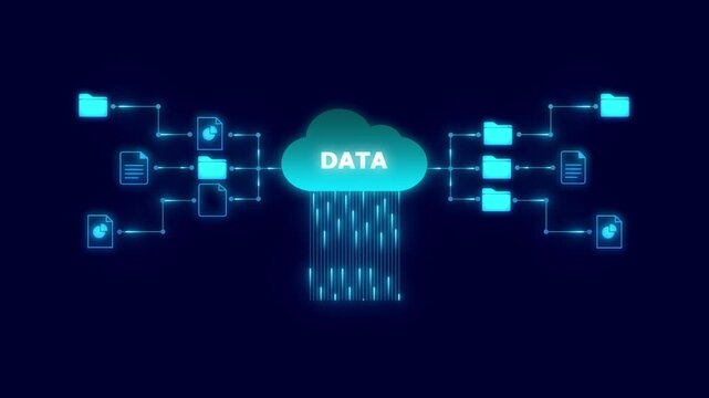Cloud Data Network with Folders on Dark Blue Background. cloud computing storage