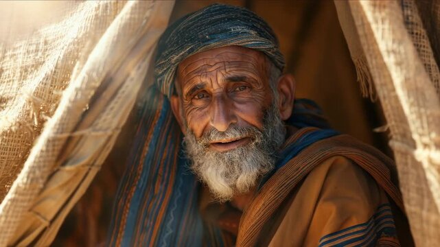 Close up of an elderly eastern nomadic man with a beard in traditional clothing, ancient patriarch with happy expression in a tent.