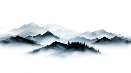 A serene landscape featuring layers of misty mountains fading into the distance, with a cluster of dark evergreen trees on a foreground ridge.