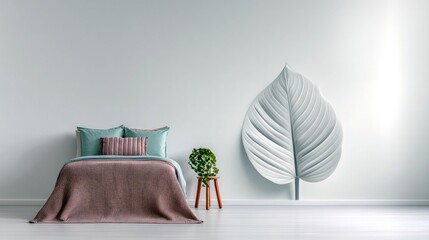 A minimalist bedroom featuring a bed with teal pillows and a mauve textured throw, complemented by a green potted plant and a large, abstract white leaf sculptu