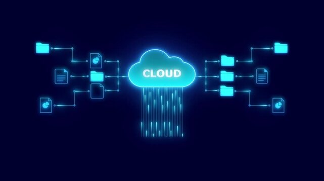 Cloud Storage Network with Text Label and Folders on Dark Blue Background cloud computing digital