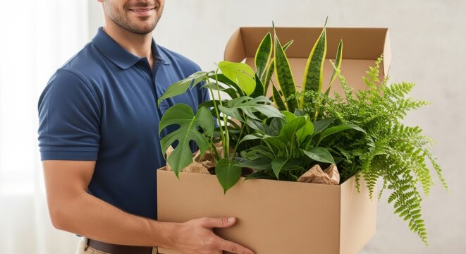 Man carrying box of indoor plants in modern home interior  