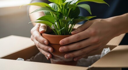 Person carefully packing a potted plant into a cardboard box for moving or shipping