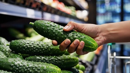 Hand Selects Fresh Cucumber in Grocery Store Produce Aisle