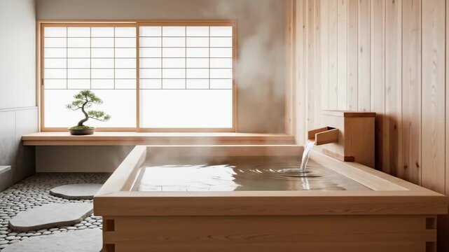 Serenity of tranquil japanese bathhouse with wooden onsen and rippling water