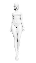 A woman in a swimsuit stands against a white background, rendered in a striking black and white low polygonal art style. Front view