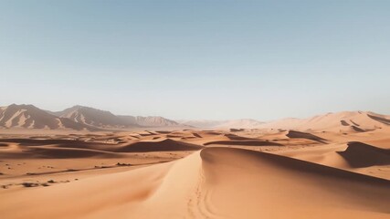 Vast arid desert landscape with rolling golden sand dunes, distant mountains, and subtle tire tracks under a clear blue sky. - Powered by Adobe