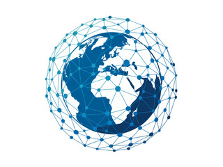 A digital illustration of a globe with a network connection pattern.