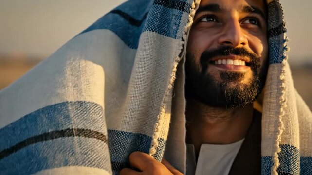 Man looking up joyful, wearing a traditional headdress. Smiling middle eastern person with a beard. Biblical Abrahamic patriarch.