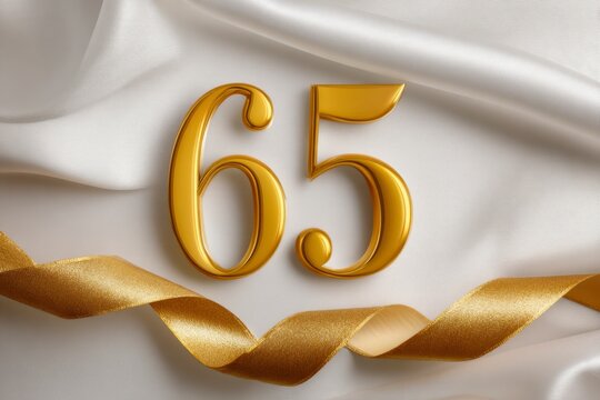 Golden Number 65 on Silk Background with Elegant Satin Ribbon
