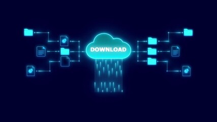 Digital Cloud Download Network with Files and Folders on Dark Blue Background cloud computing data transfer - Powered by Adobe