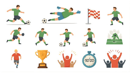 Collection of soccer illustrations depicting players, a goalkeeper, a trophy, a timer, and a goal flag
