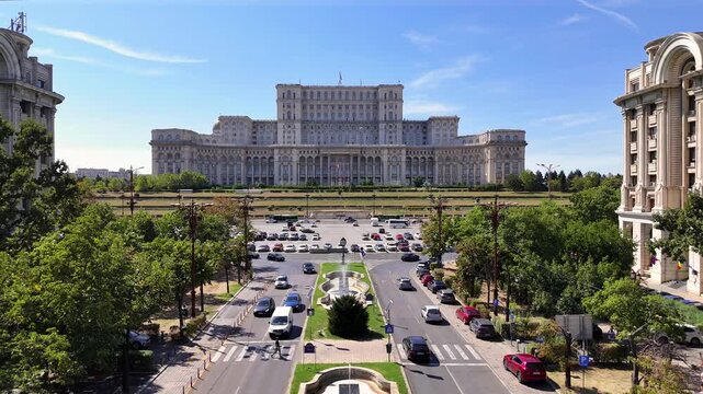 Front view of Palace of Parliament and main square, Bucharest
