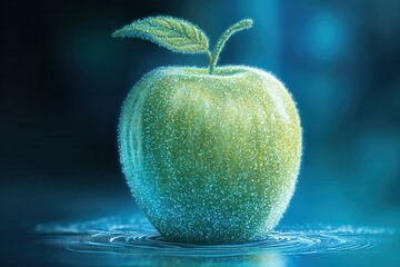 Sparkling Granny Smith Apple Rests in Water, Creating Gentle Ripples on a Blue Background at Night