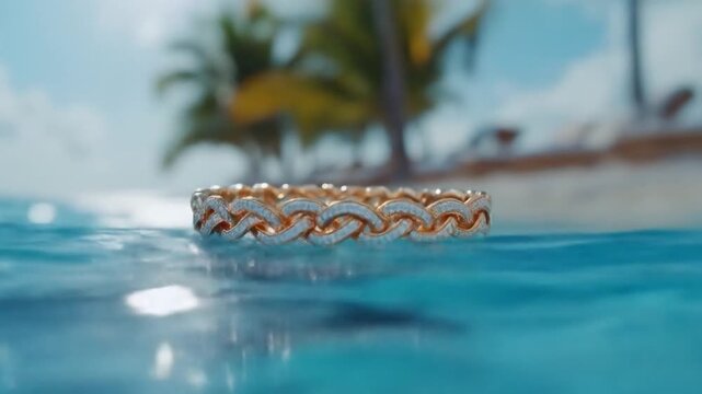 Gold diamond bracelet sparkling on blue water surface with tropical beach and palm trees in background luxury jewelry
