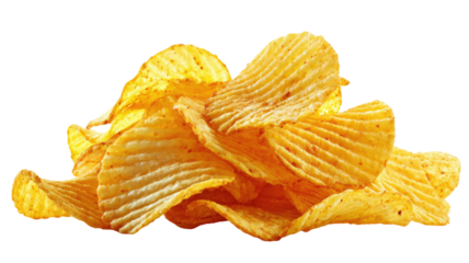Crispy golden potato chips with ridged texture crunchy fried snack salted flavor pile of chips isolated on white background