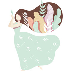 Woman With Flowing Hair And Green Dress Dancing Among Botanical Leaves In Soft Pastel Colors