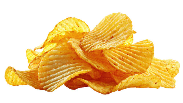 Crispy golden potato chips with ridged texture crunchy fried snack salted flavor pile of chips isolated on white background