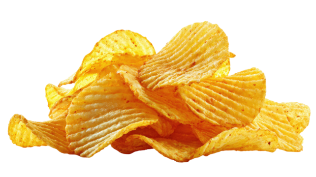 Crispy golden potato chips with ridged texture crunchy fried snack salted flavor pile of chips isolated on white background