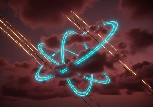 Futuristic neon particle structure amid clouds on a vibrant background