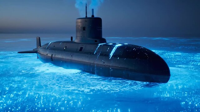 Submarine surfacing in a mysterious ocean during twilight, illuminating the water with a bright blue glow from millions of bioluminescent plankton, creating an ethereal and covert scene