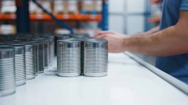 Volunteer's hands neatly organizing cans in a food bank