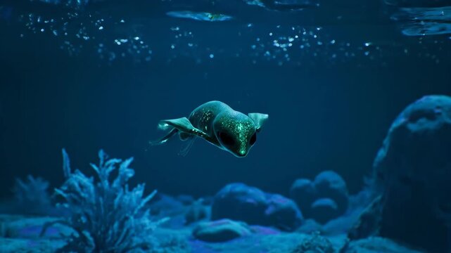 Chiton mollusk shell floating partly submerged on a blue water surface, showing detailed texture and bubbles, representing marine life and ocean ecosystems