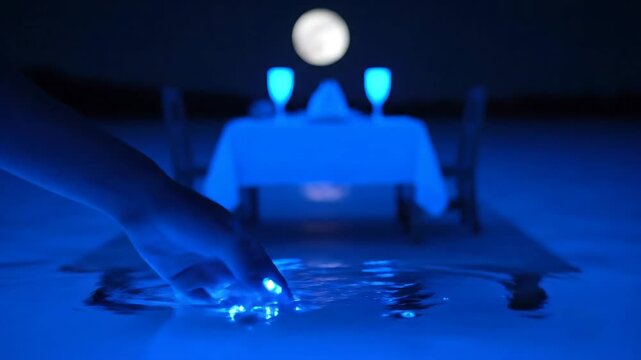 Bottle with a glowing message floats beside a romantic moonlit dinner for two on a wooden pier, creating a serene, magical atmosphere for love, proposal, or celebration