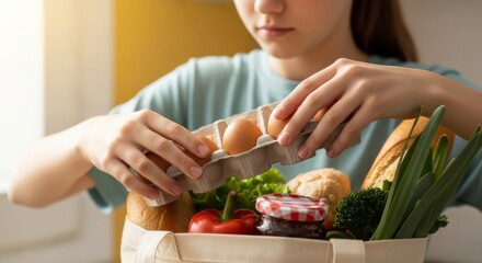 Young woman unpacking fresh groceries from reusable bag at home  