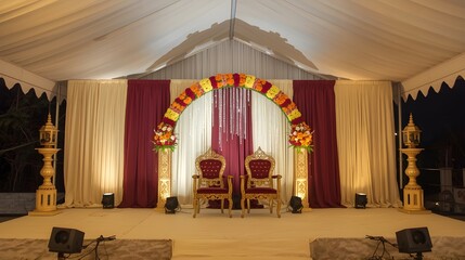 Elegant wedding stage decor with seating and archway