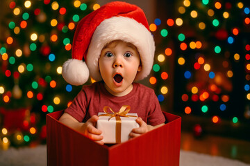 A surprised Caucasian boy wearing a Santa hat sits in a large red gift box. He holds a small present, surrounded by colorful Christmas lights.