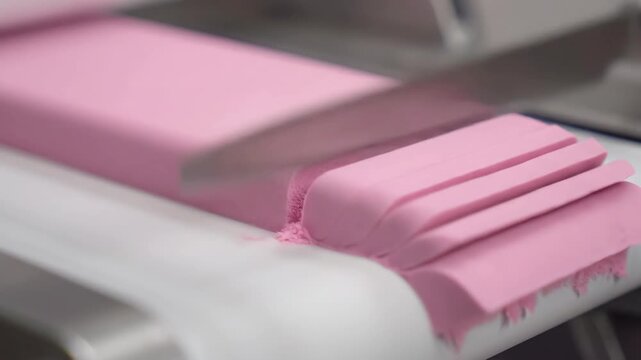 Metallic knife slicing thick pink kinetic sand on a white surface, close-up macro of smooth, calming texture and precise movement for asmr, relaxation and sensory play